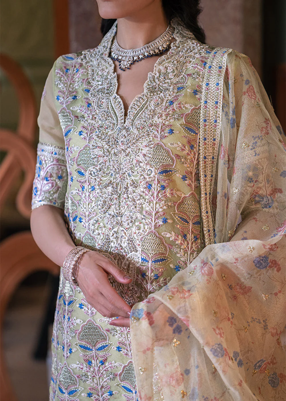 Lime Yellow Organza Net Pakistani Suit | Mushq | Qala Kamdaani | Dina - Image 6