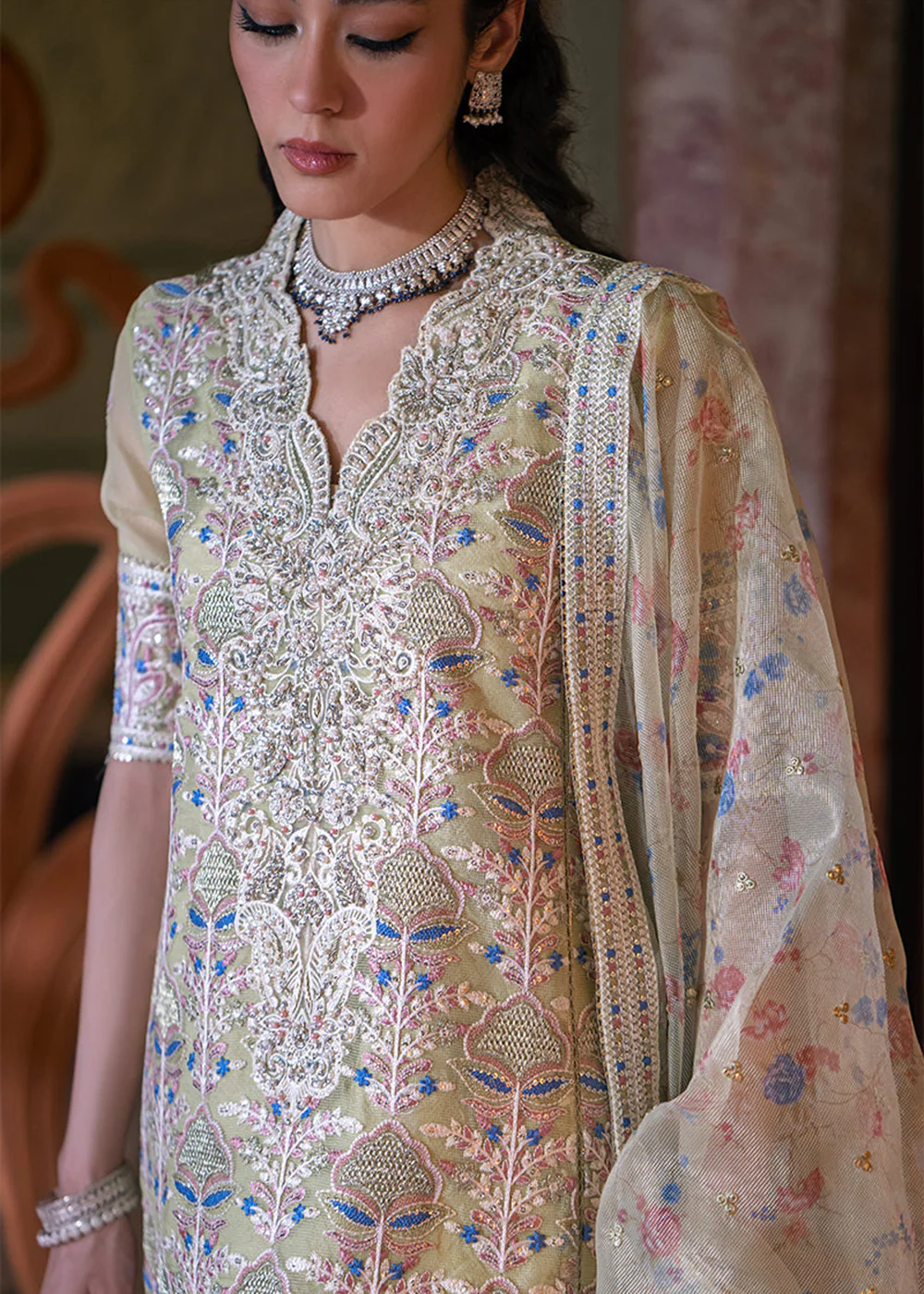 Lime Yellow Organza Net Pakistani Suit | Mushq | Qala Kamdaani | Dina - Image 7