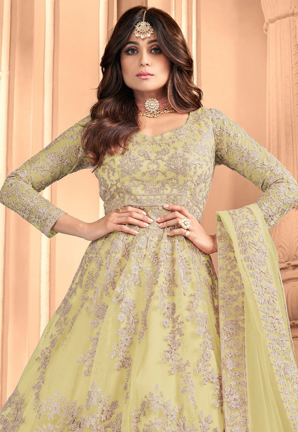 Lime Yellow Shamita Shetty Net Floor Length Anarkali Suit - Image 2