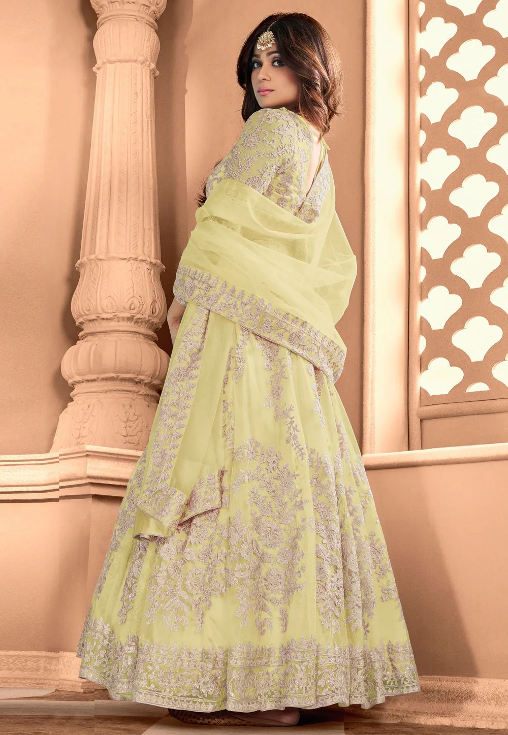 Lime Yellow Shamita Shetty Net Floor Length Anarkali Suit - Image 3