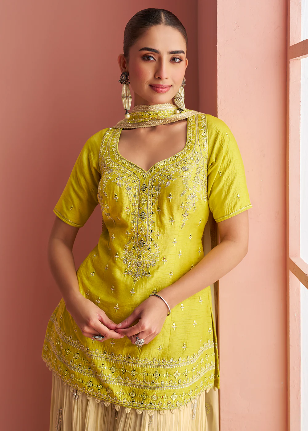 Lime Yellow Short Shirt Style Trendy Palazzo Suit - Image 2