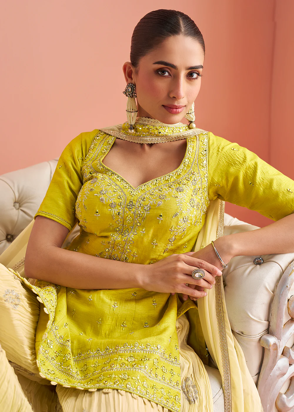 Lime Yellow Short Shirt Style Trendy Palazzo Suit - Image 3