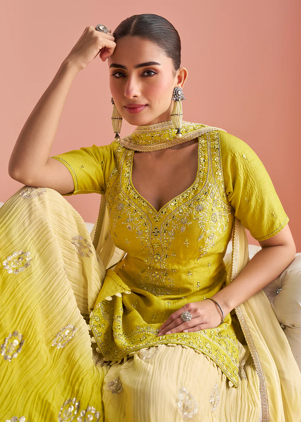 Lime Yellow Short Shirt Style Trendy Palazzo Suit - Image 4