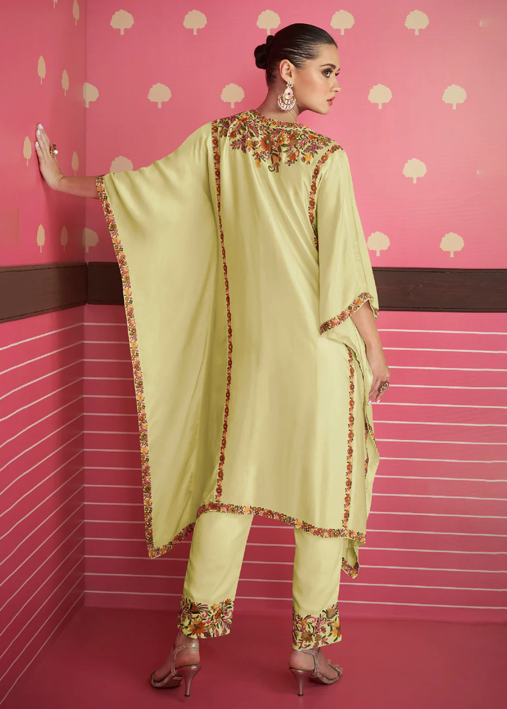 Lime Yellow Silk Satin Kaftan Style Chinon Pant Style Suit - Image 2
