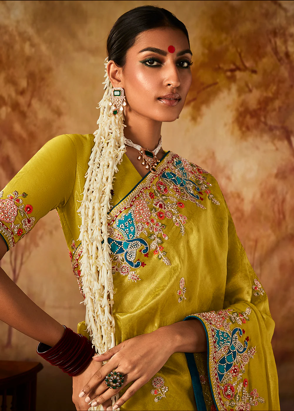 Lime Yellow Wedding Wear Embroidered Kanjivaram Silk Saree - Image 2