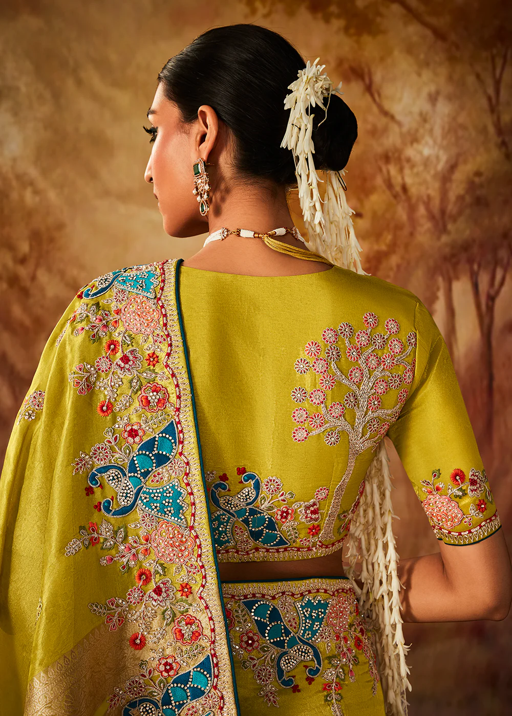 Lime Yellow Wedding Wear Embroidered Kanjivaram Silk Saree - Image 3