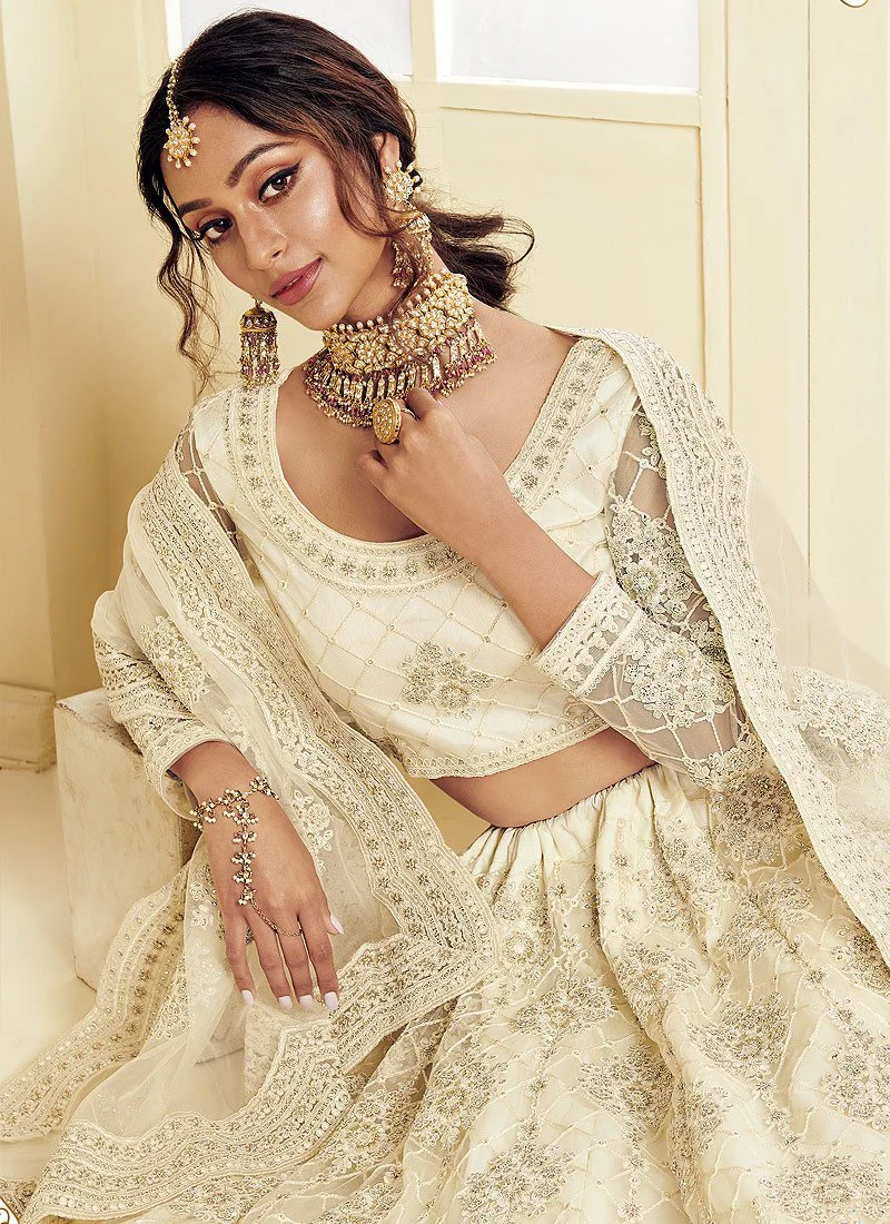 Linen White Pearl Embroidered Wedding Lehenga Choli - Image 2