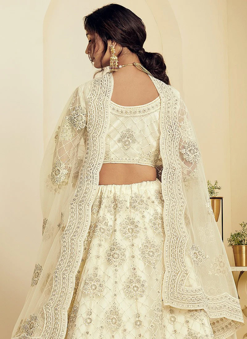 Linen White Pearl Embroidered Wedding Lehenga Choli - Image 3