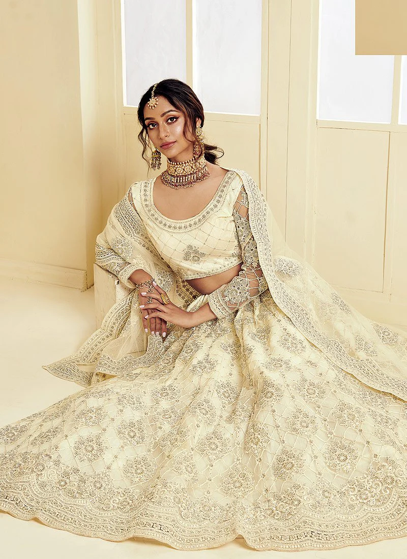 Linen White Pearl Embroidered Wedding Lehenga Choli - Image 4