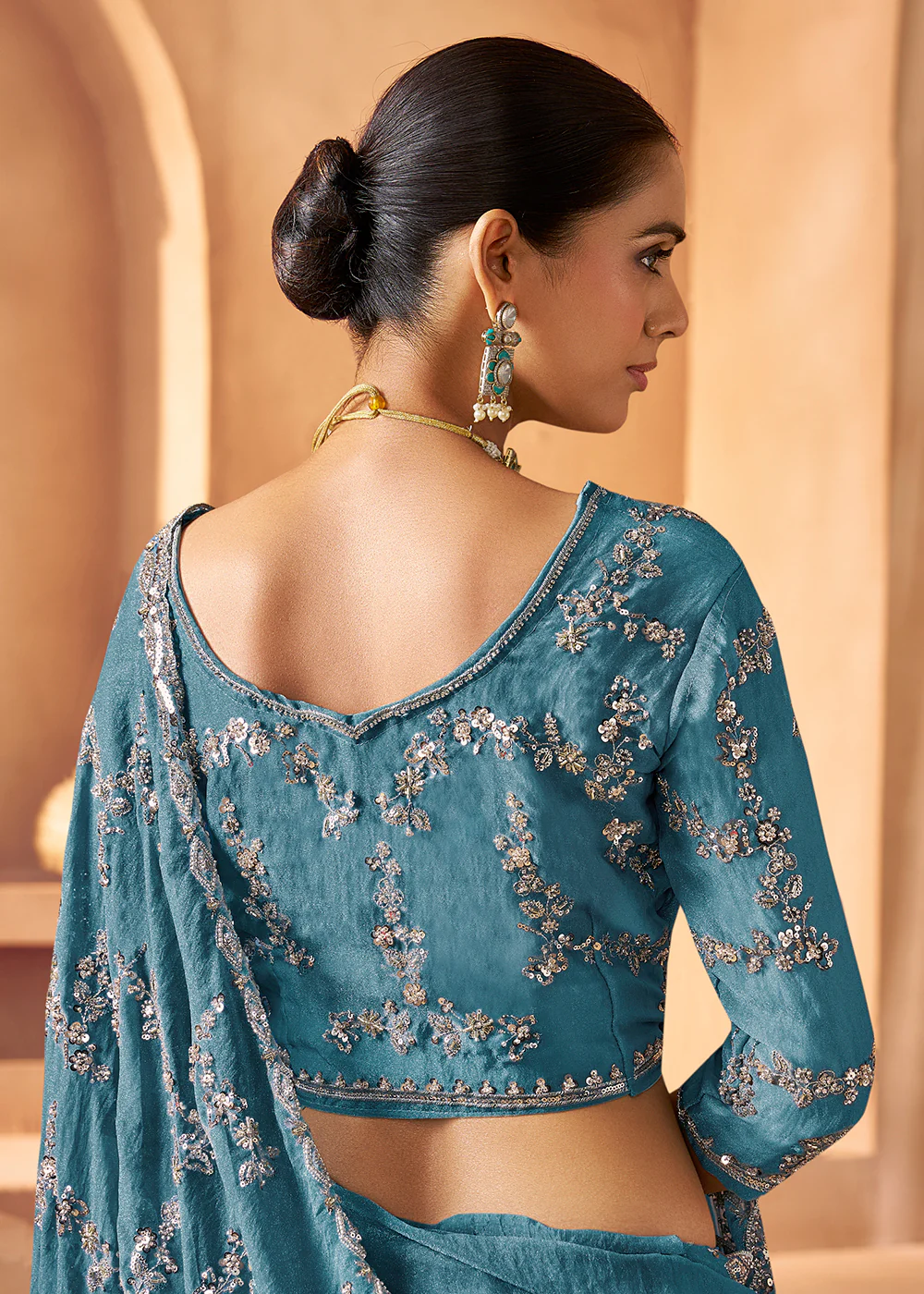 Livid Blue Tissue Silk Heavy Embroidered Designer Saree - Image 3