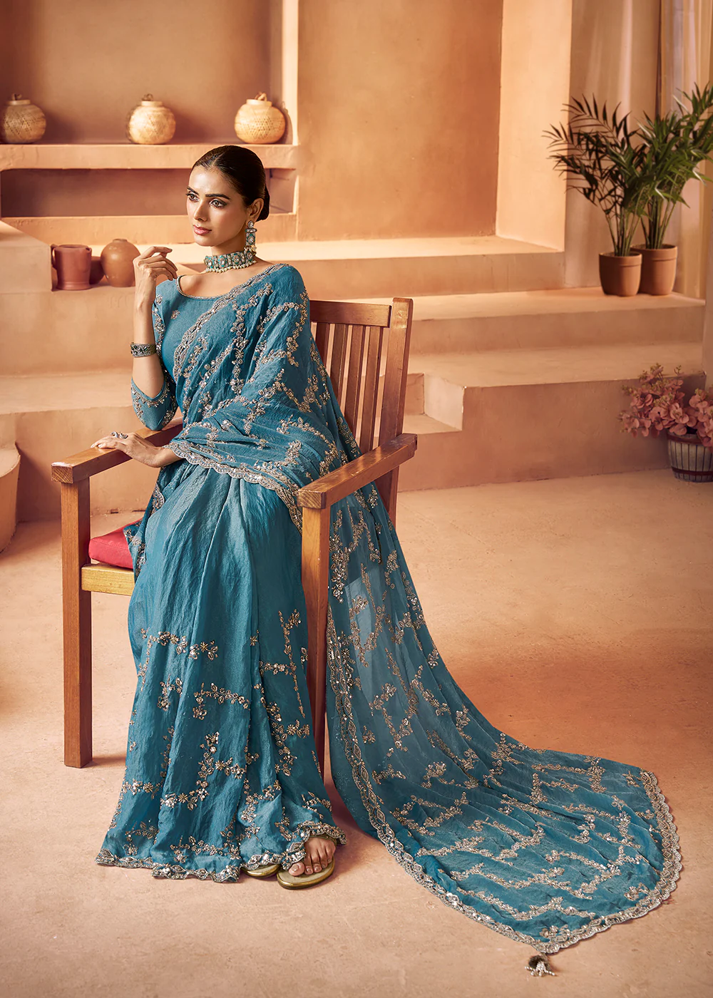 Livid Blue Tissue Silk Heavy Embroidered Designer Saree - Image 4