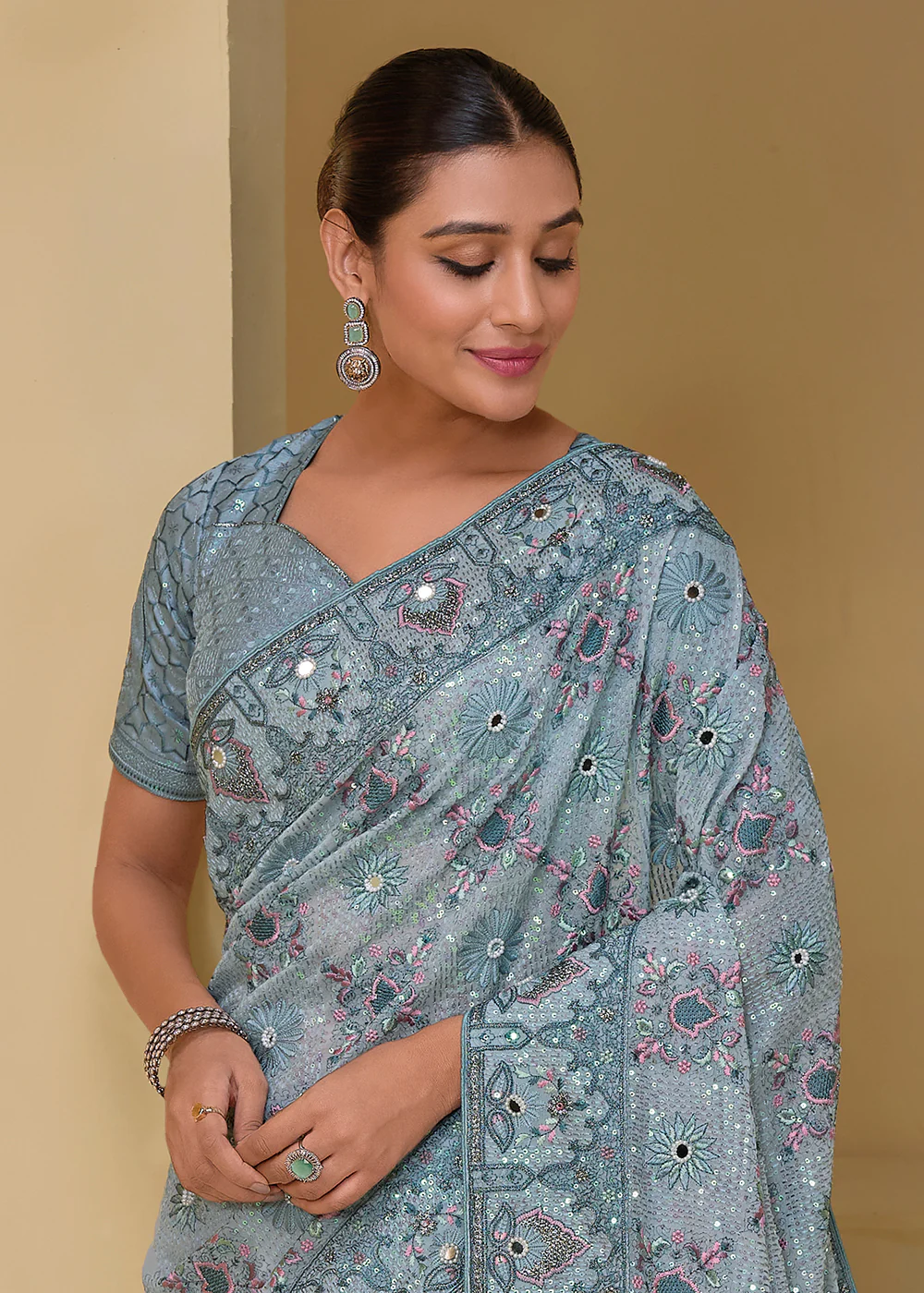 Livid Grey Banarasi Silk Embroidered Designer Saree - Image 2