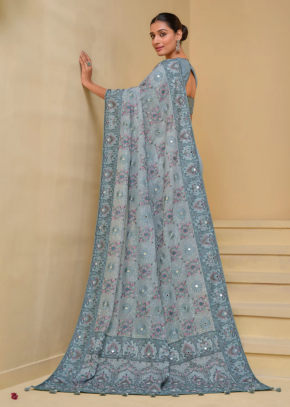Livid Grey Banarasi Silk Embroidered Designer Saree - Image 3