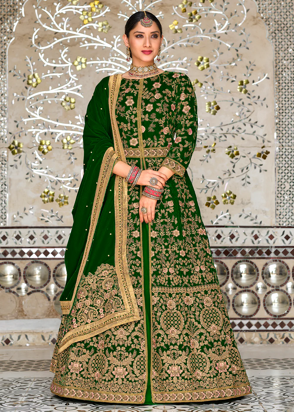 Long Charismatic Green Front Slit Wedding Velvet Lehenga