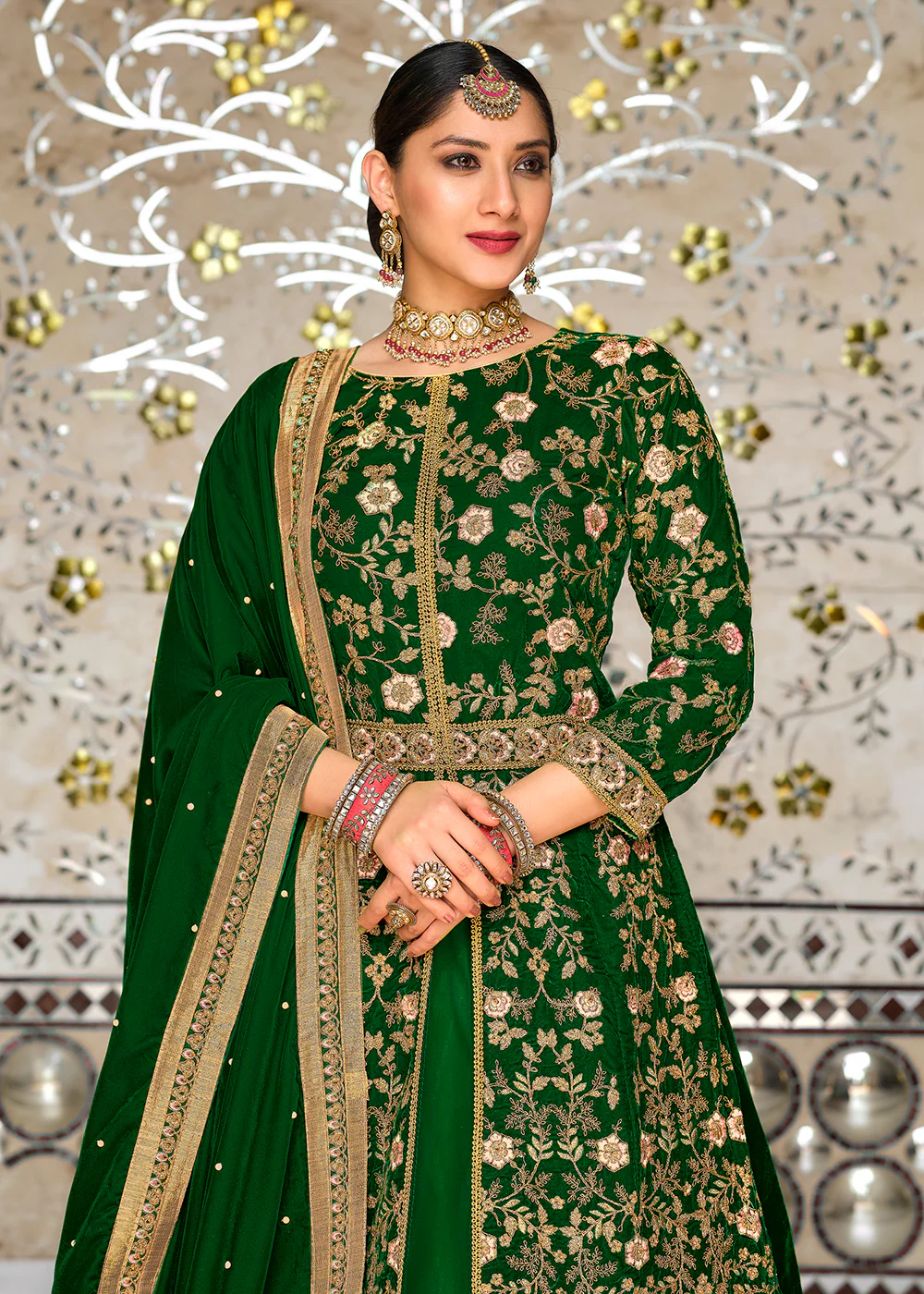 Long Charismatic Green Front Slit Wedding Velvet Lehenga - Image 2