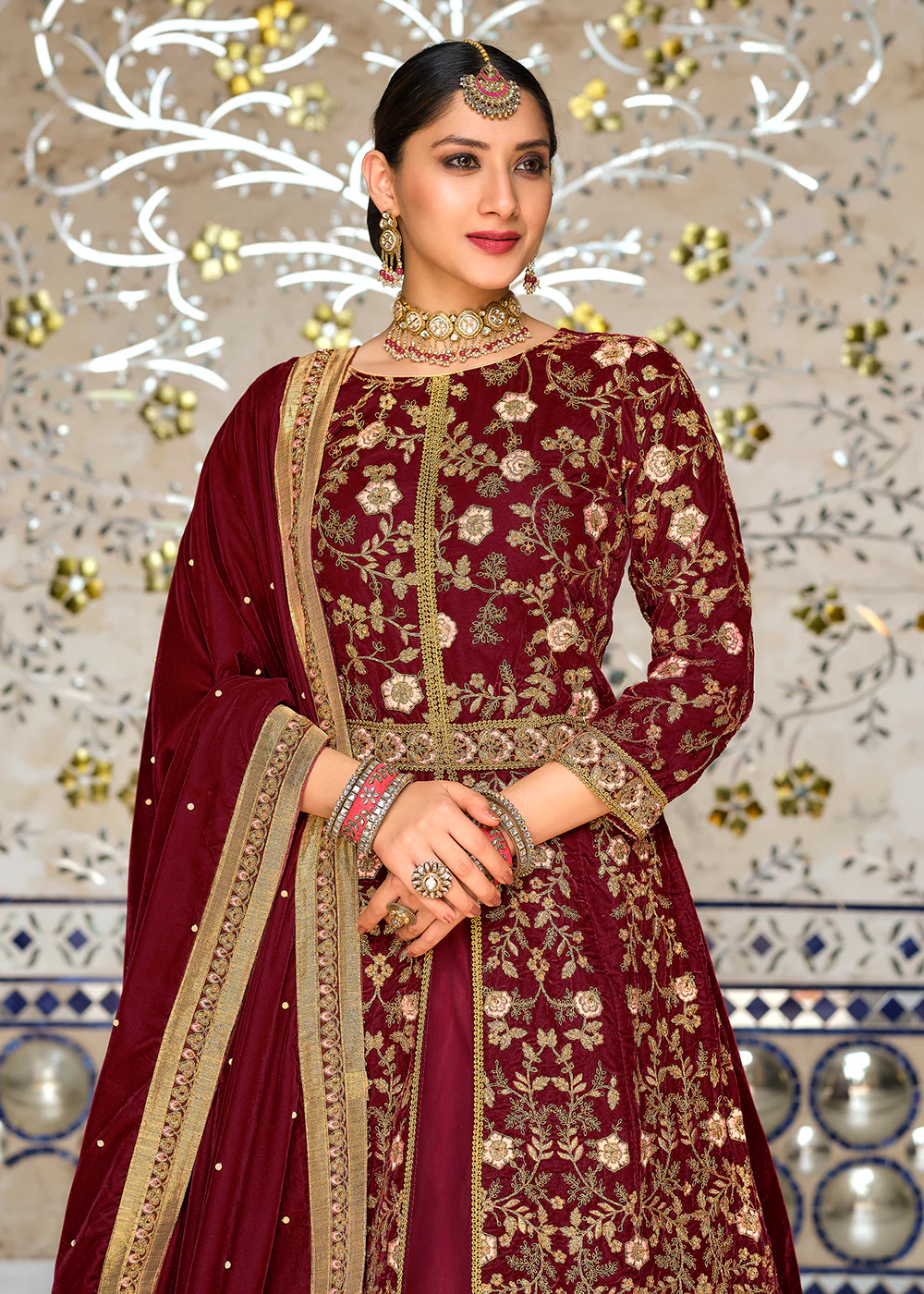 Long Incredible Maroon Front Slit Wedding Velvet Lehenga - Image 3