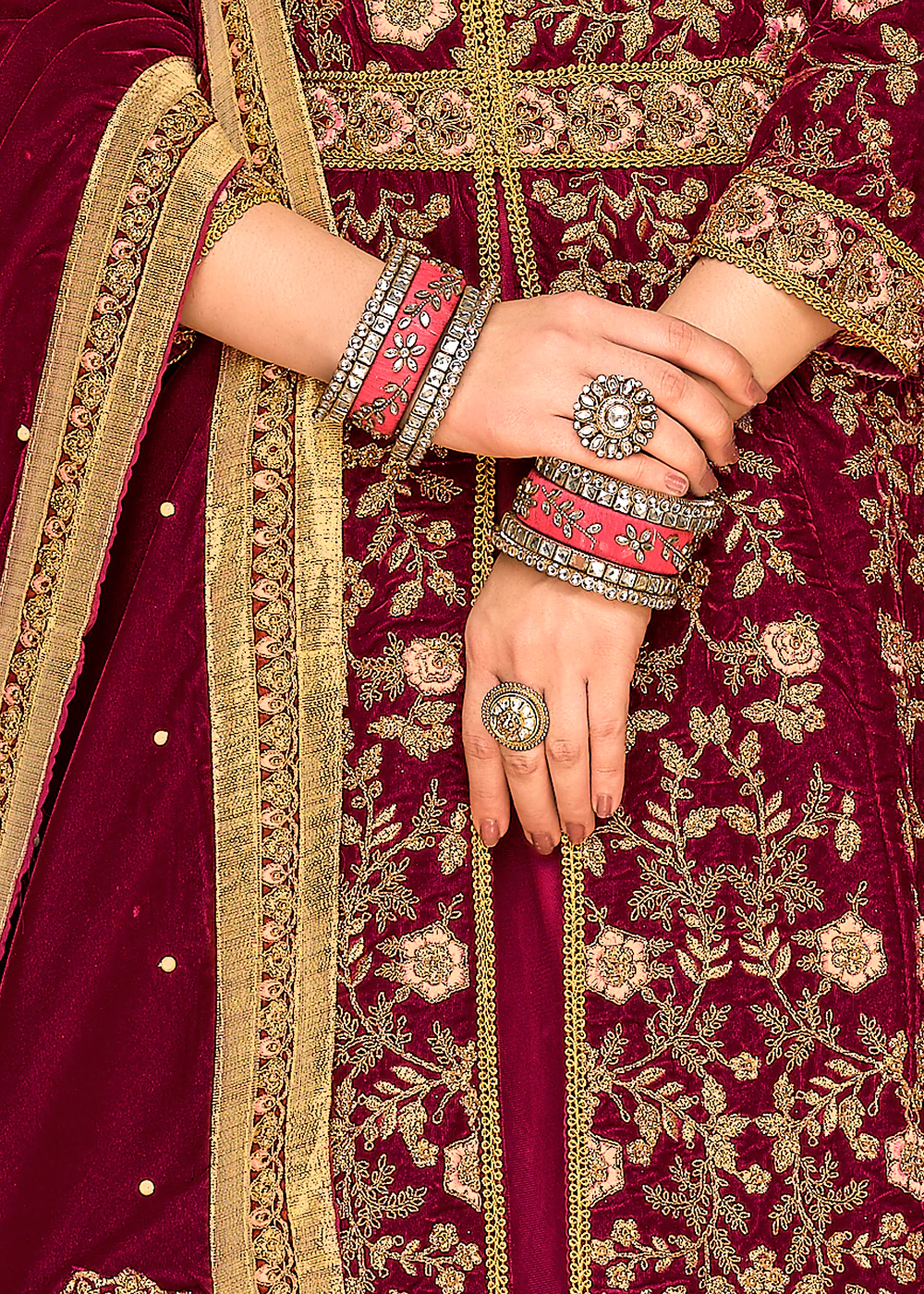 Long Incredible Maroon Front Slit Wedding Velvet Lehenga - Image 4