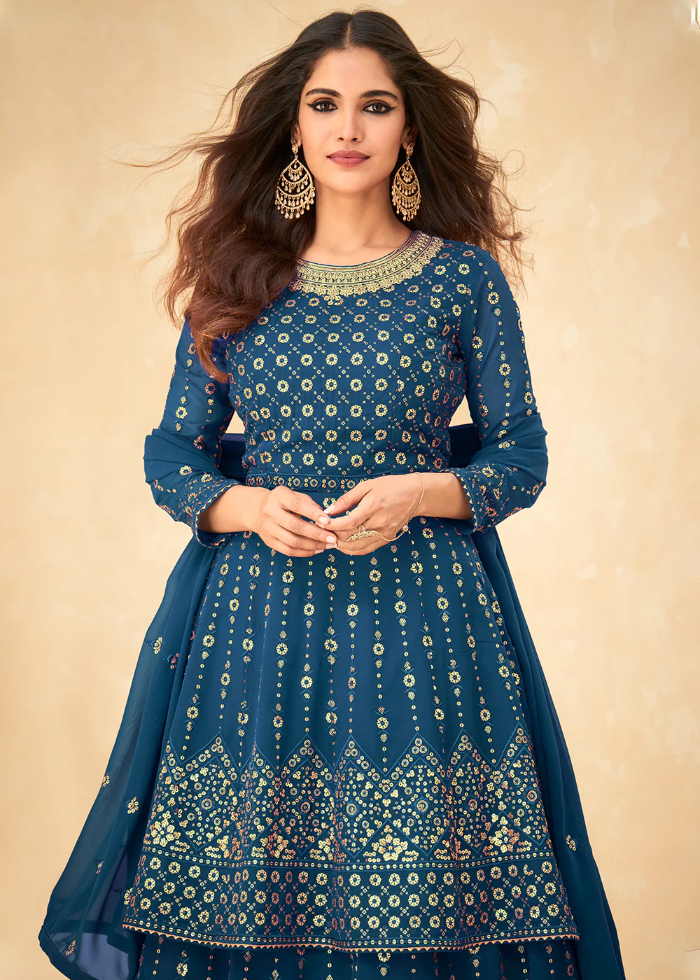 Long Kurti Style Blue Georgette Embroidered Lehenga Suit - Image 2