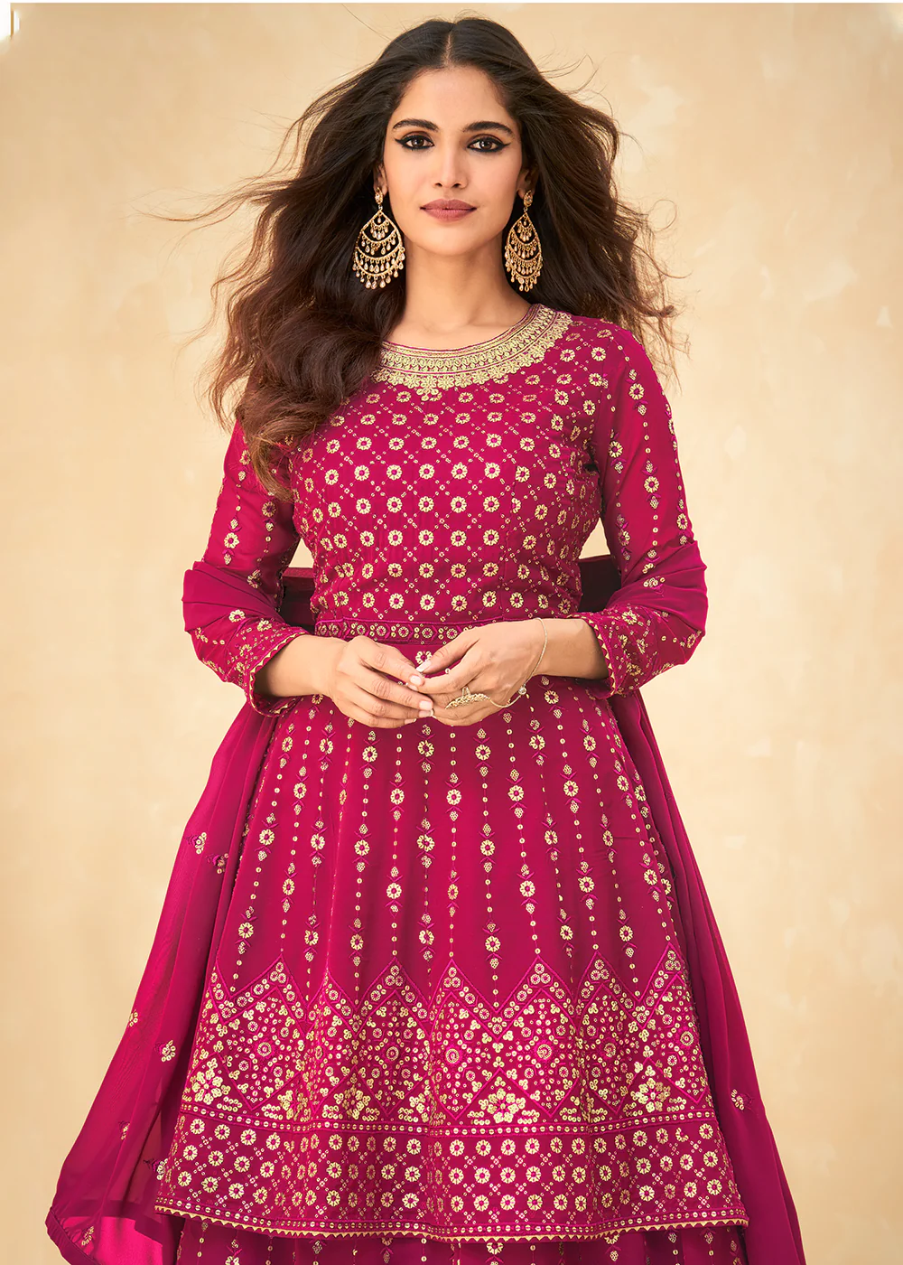Long Kurti Style Pink Georgette Embroidered Lehenga Suit - Image 2
