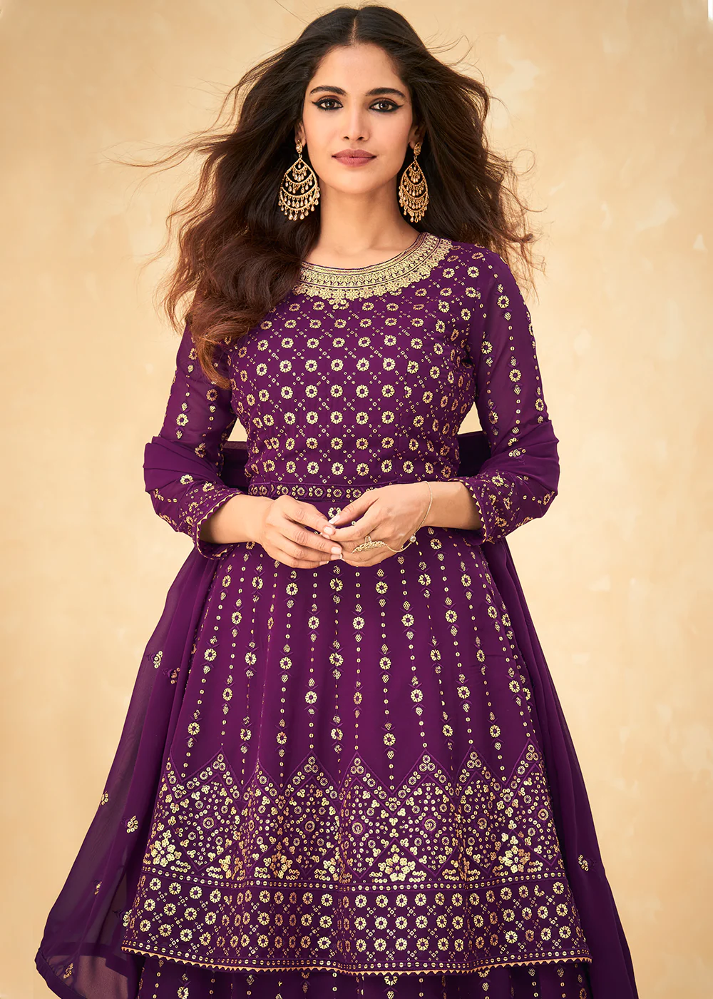 Long Kurti Style Purple Georgette Embroidered Lehenga Suit - Image 2