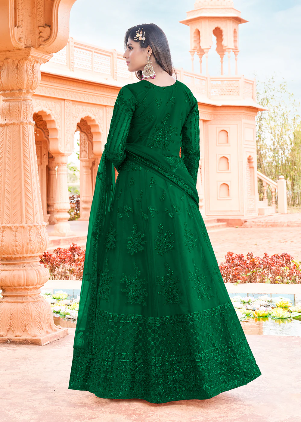 Long Length Dark Green Embroidered Net Anarkali Suit - Image 3