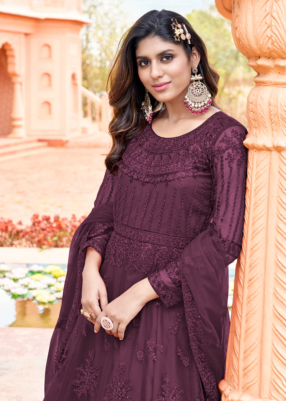 Long Length Plum Burgundy Embroidered Net Anarkali Suit - Image 2