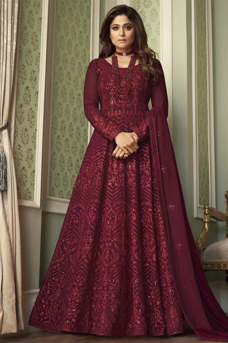 Lovable Maroon Shamita Shetty Embroidered Georgette Anarkali Suit