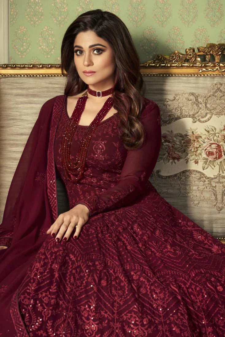 Lovable Maroon Shamita Shetty Embroidered Georgette Anarkali Suit - Image 2
