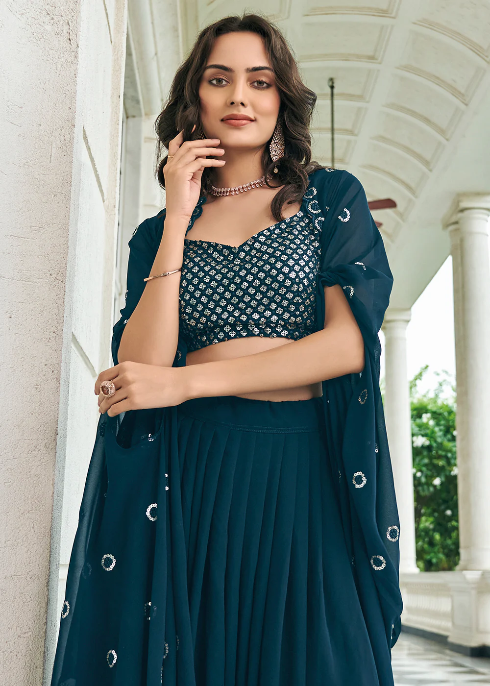 Lovable Navy-Blue Sequined Embroidered Shrug Style Lehenga Choli - Image 2
