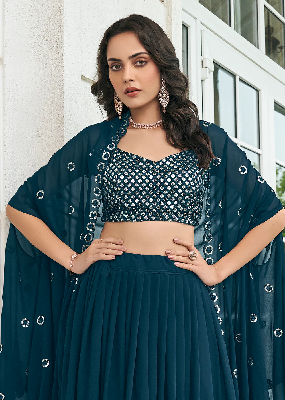 Lovable Navy-Blue Sequined Embroidered Shrug Style Lehenga Choli - Image 3
