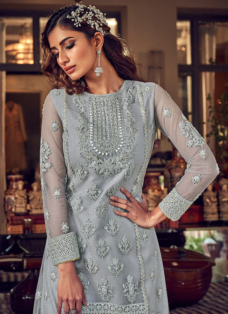Lovable Pastel Grey Embroidered Party Wear Sharara Suit - Image 2
