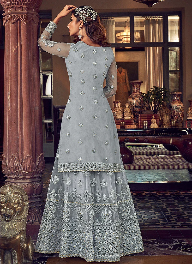 Lovable Pastel Grey Embroidered Party Wear Sharara Suit - Image 4