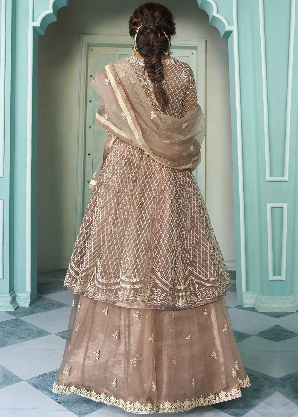 Lovely Beige Shamita Shetty Bell Sleeved Lehenga Style Sharara Suit - Image 3