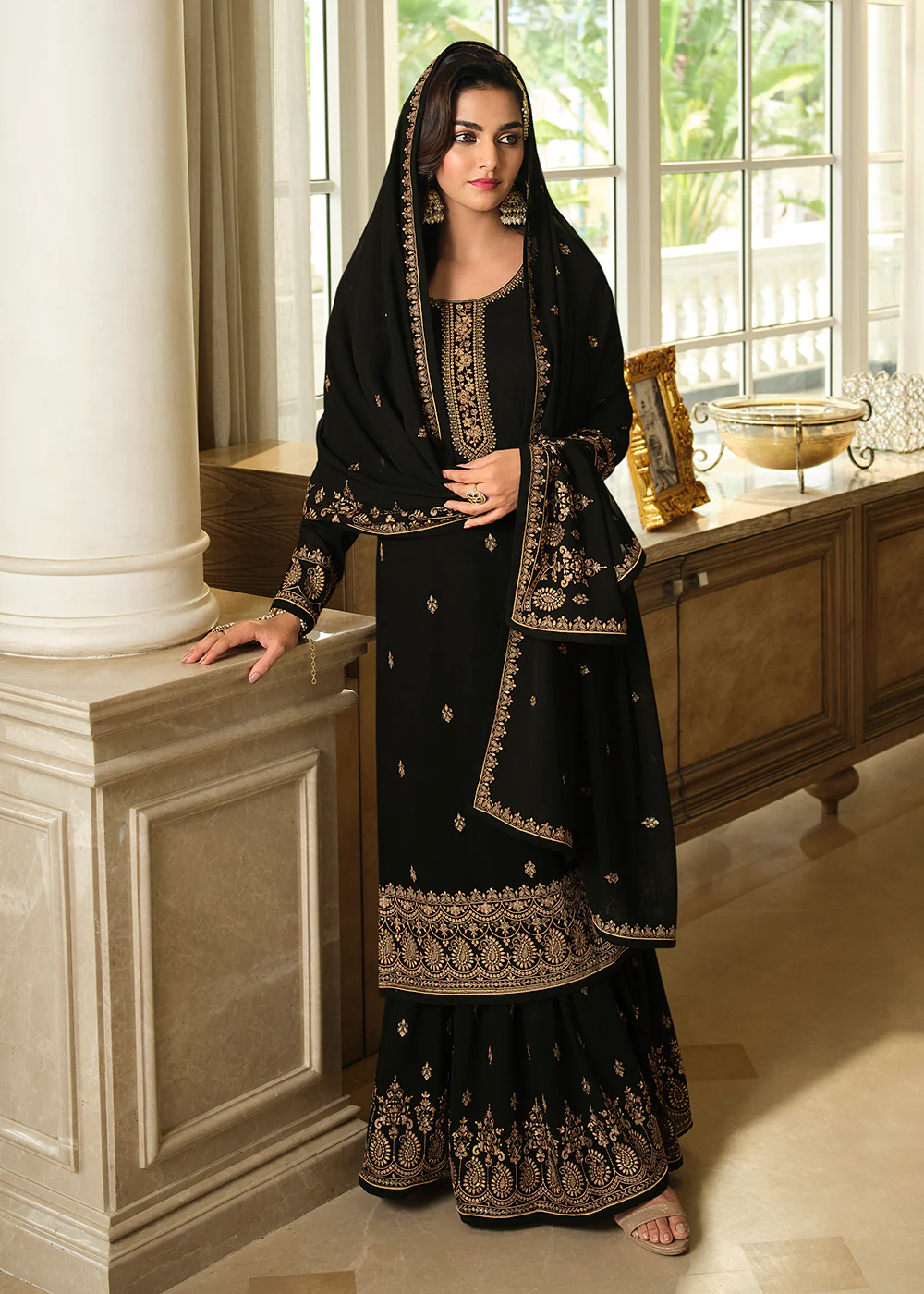 Lovely Black Embroidered Georgette Pakistani Gharara Suit - Image 3