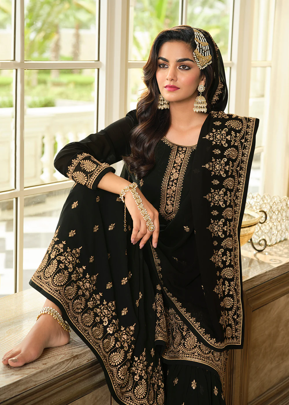 Lovely Black Embroidered Georgette Pakistani Gharara Suit - Image 4