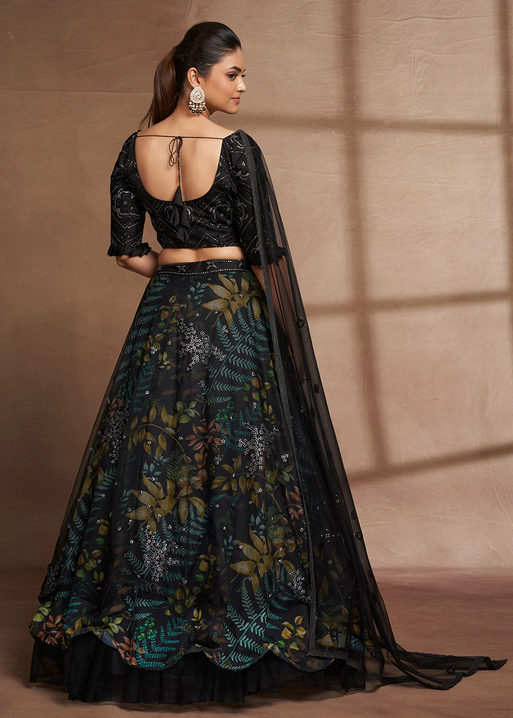 Lovely Black Floral Digital Printed & Embroidered Lehenga Choli - Image 3