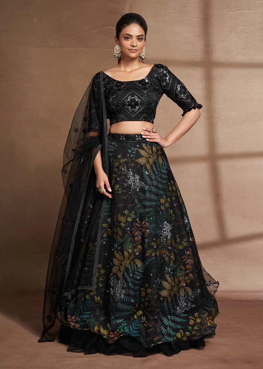 Lovely Black Floral Digital Printed & Embroidered Lehenga Choli - Image 4