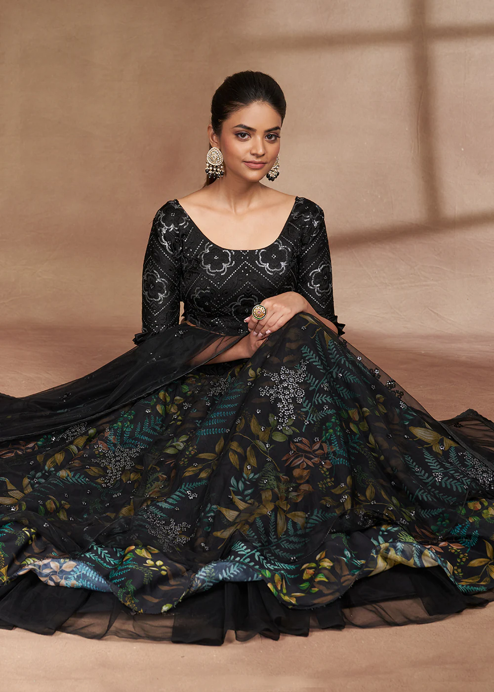Lovely Black Floral Digital Printed & Embroidered Lehenga Choli - Image 5