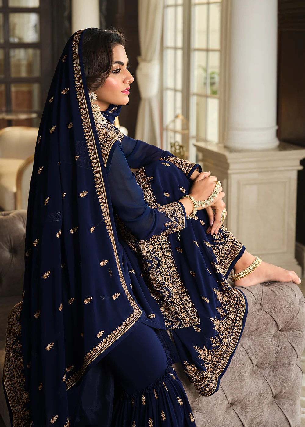Lovely Blue Embroidered Georgette Pakistani Gharara Suit - Image 2