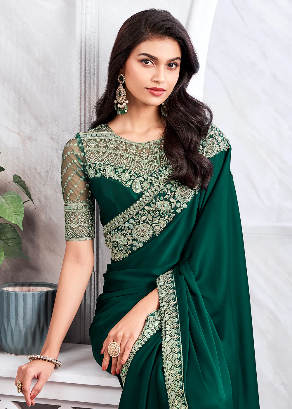 Lovely Bottle Green Silk Embroidered Designer Saree - Image 2