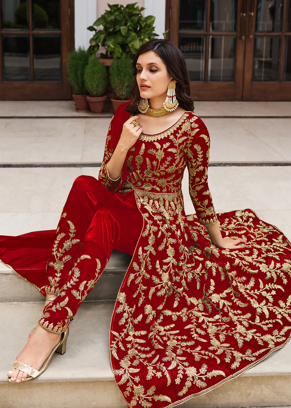 Lovely Bright Red Designer Front Slit Anarkali Dress - Image 2