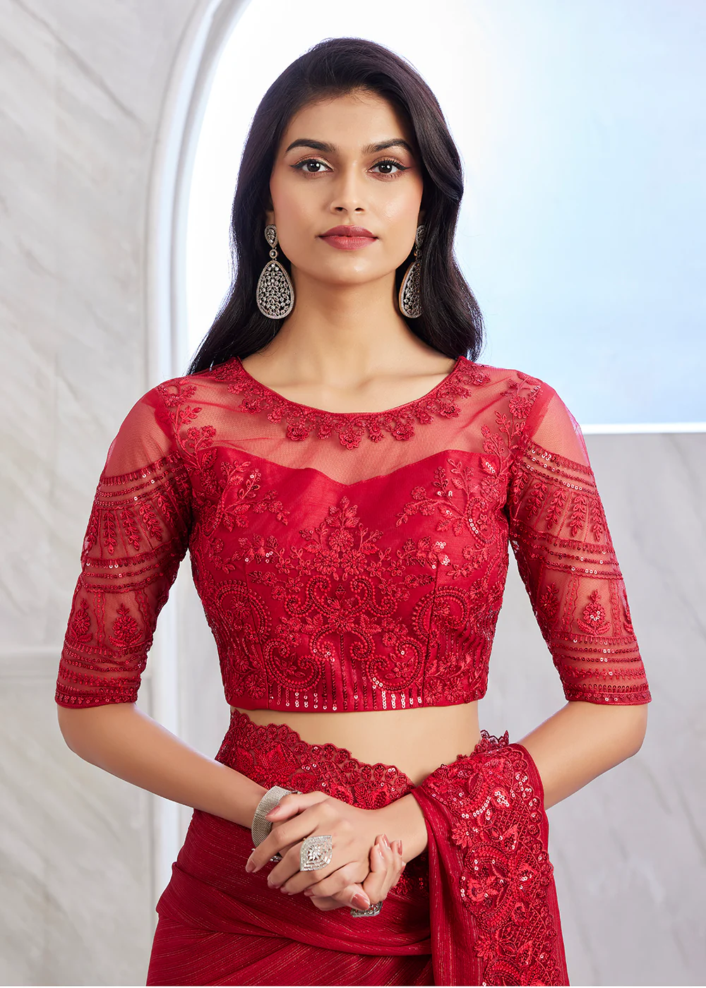 Lovely Cherry Red Silk Embroidered Designer Saree - Image 3