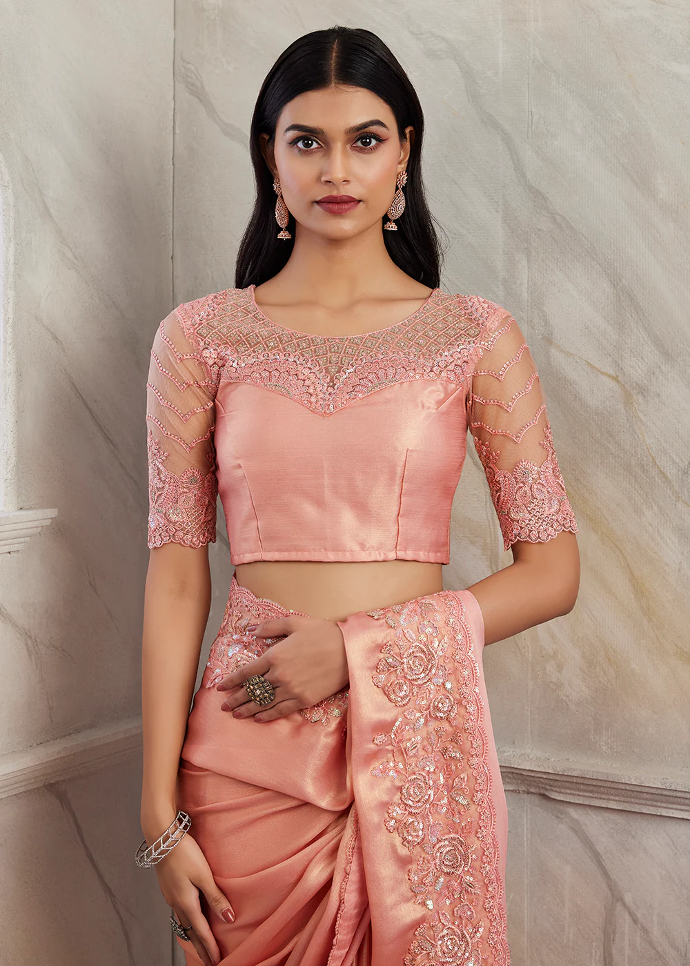 Lovely Coral Peach Silk Embroidered Designer Saree - Image 3