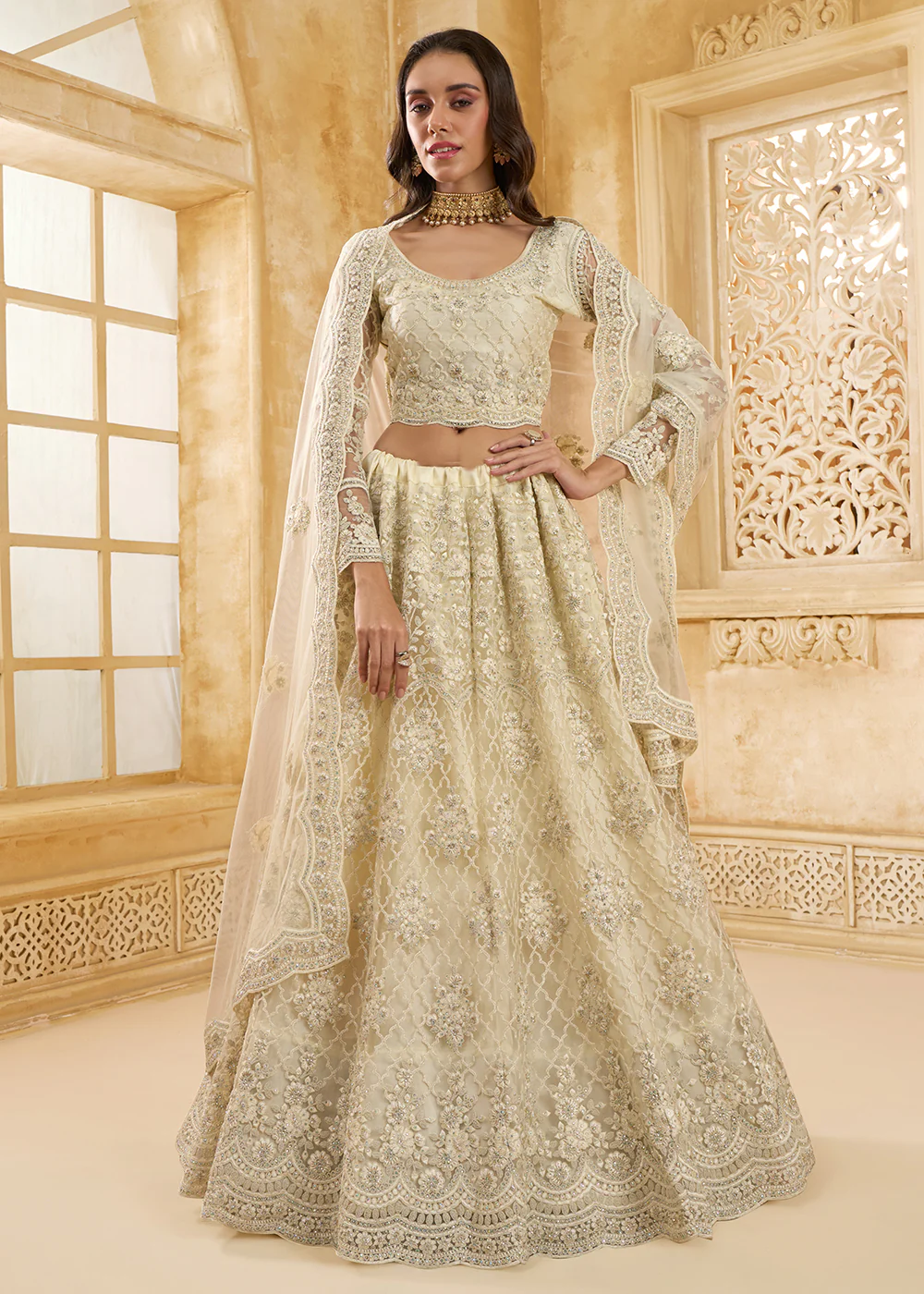 Lovely Cream Heavy Net Embroidered Bridal Lehenga Choli