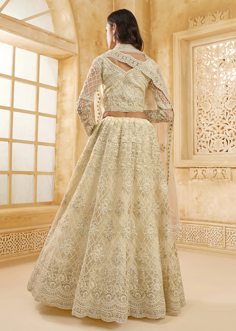 Lovely Cream Heavy Net Embroidered Bridal Lehenga Choli - Image 3