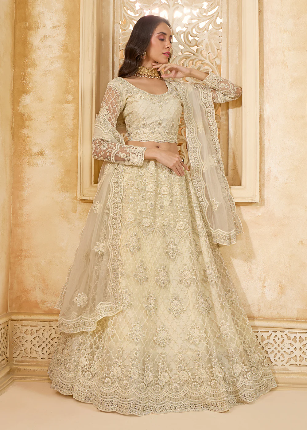 Lovely Cream Heavy Net Embroidered Bridal Lehenga Choli - Image 4