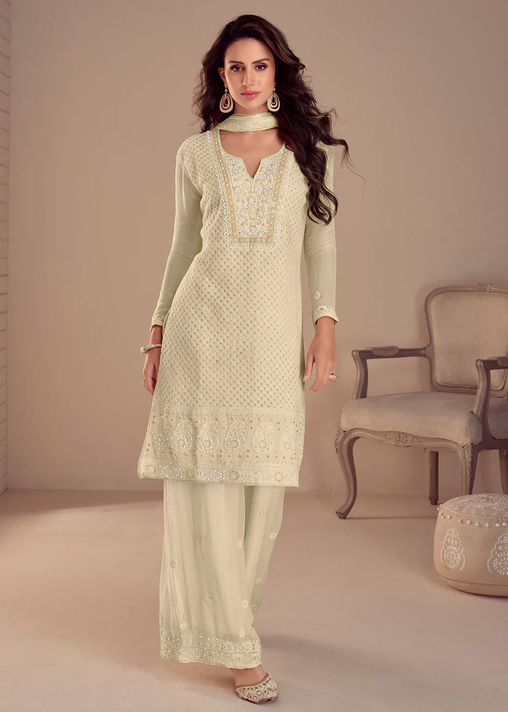 Lovely Cream Palazzo Style Georgette Pakistani Style Suit
