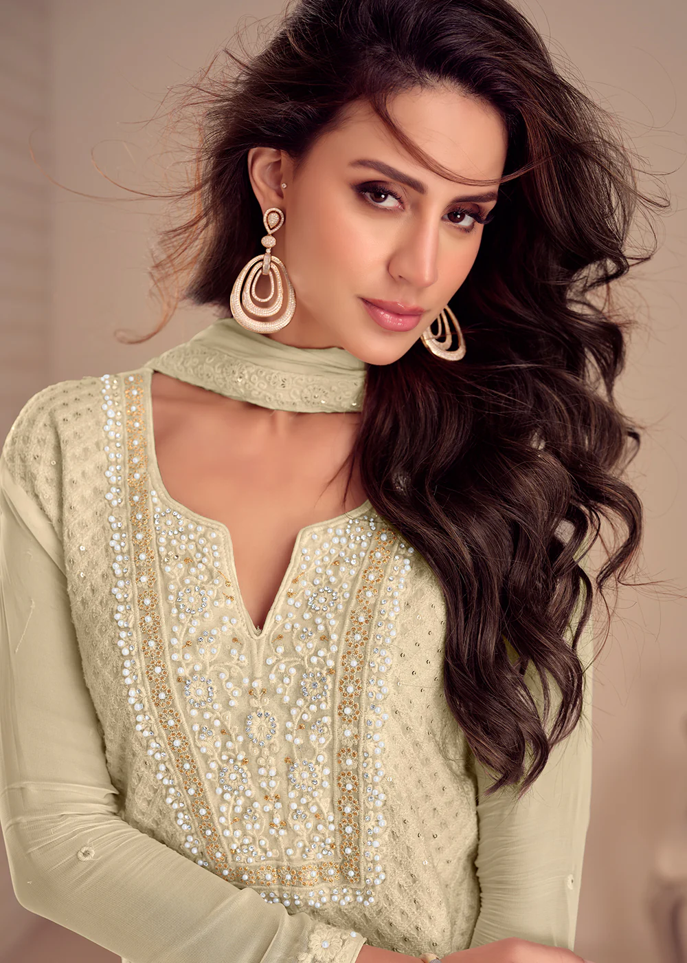 Lovely Cream Palazzo Style Georgette Pakistani Style Suit - Image 2