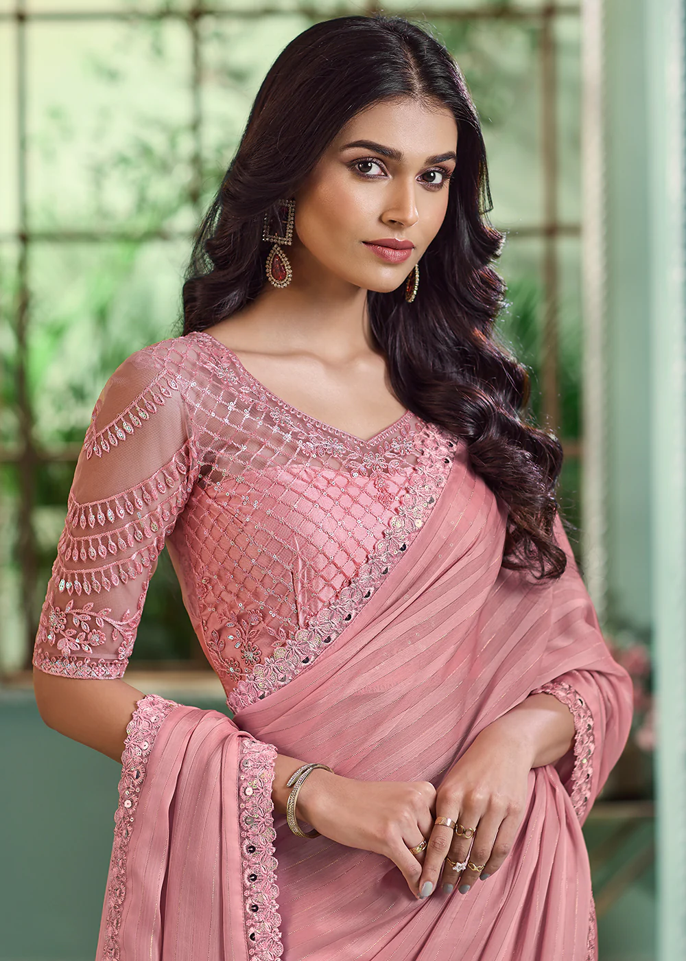 Lovely Dusty Pink Georgette Embroidered Wedding Party Wear Saree - Image 2