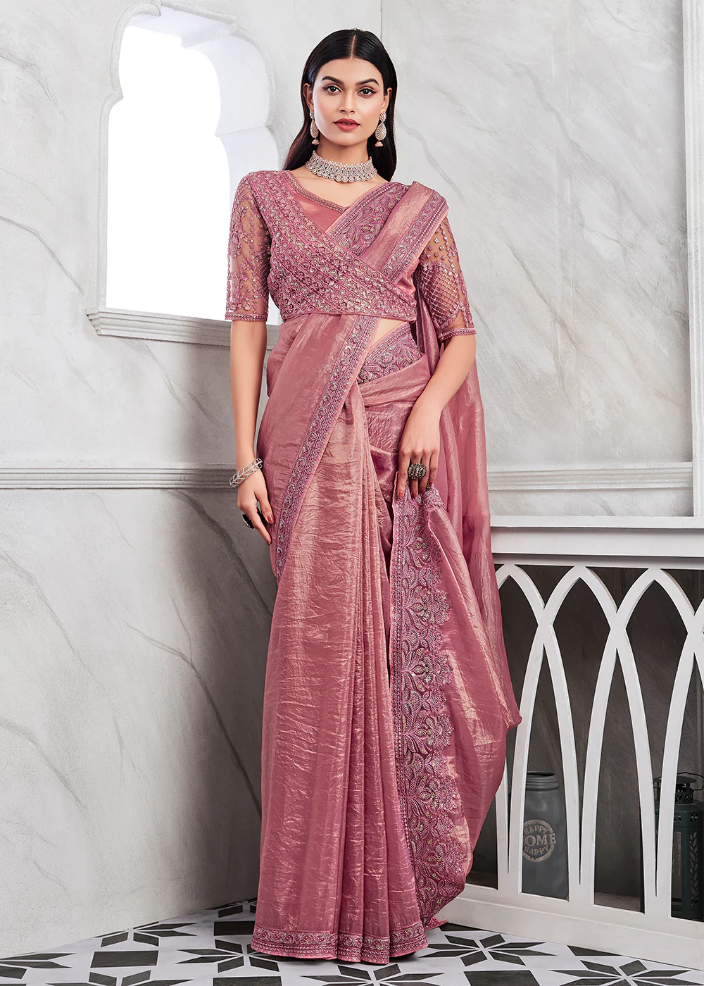 Lovely Dusty Pink Silk Embroidered Designer Saree - Image 3